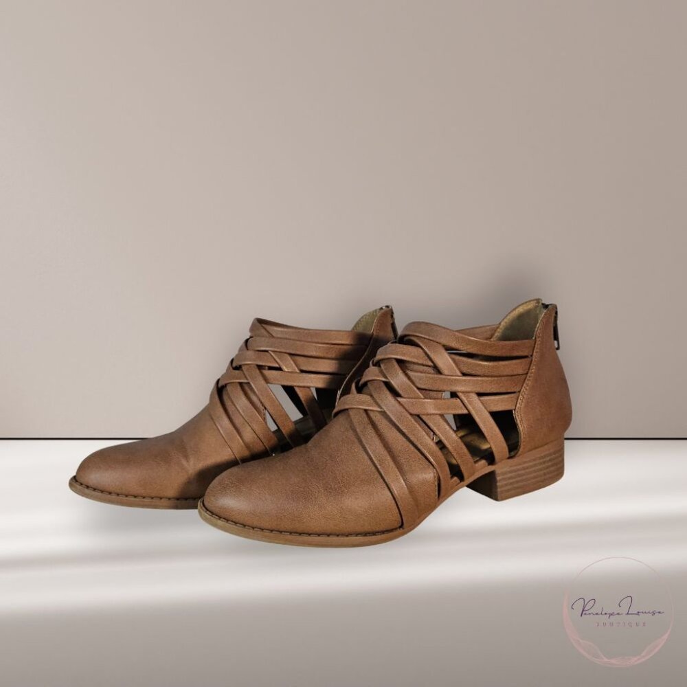 City Classified Strappy Cut-Out Ankle Booties – Brown – Size 6.5